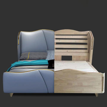Blue Faux Leather Upholstered Bed Frame Low Profile Platform Bed, Queen